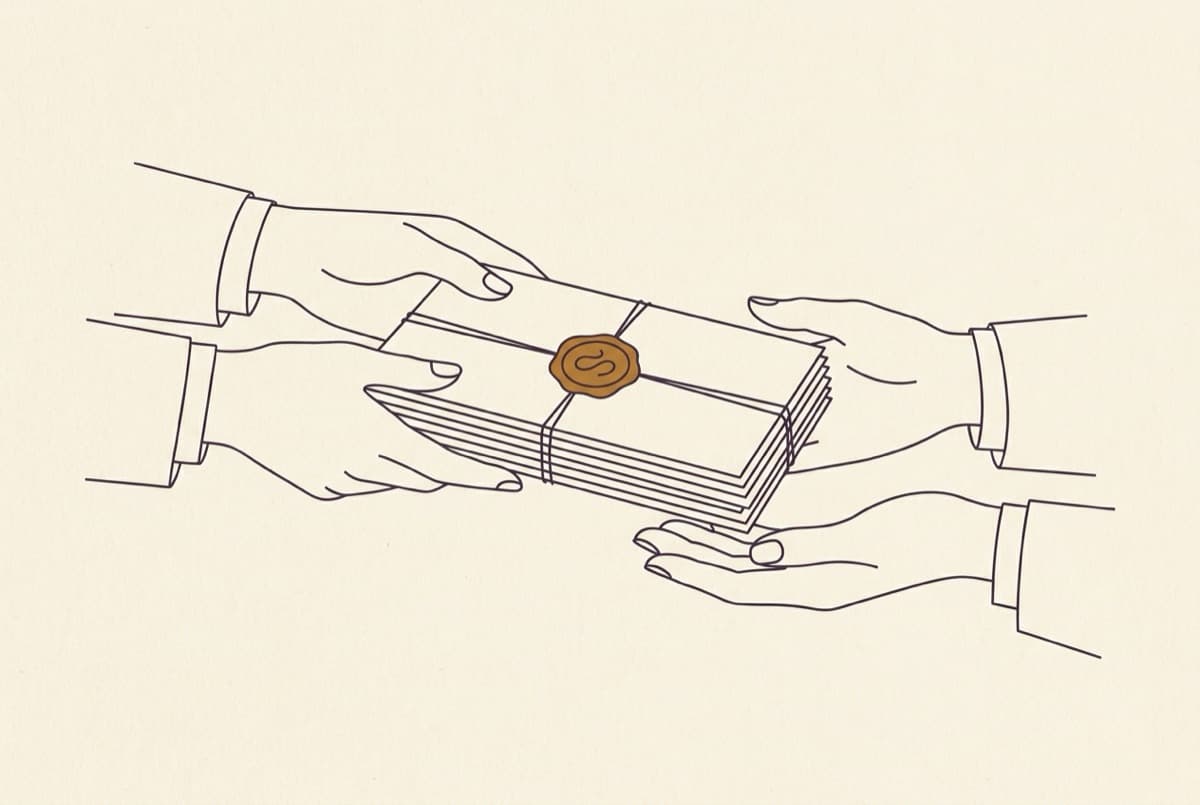 Ilustrasi serah terima berkas laporan keuangan bersegel dari satu tangan ke tangan lain