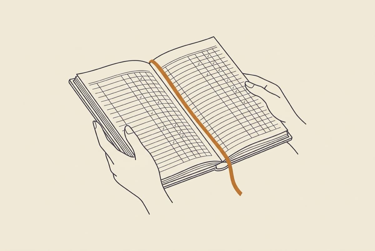 Ilustrasi sepasang tangan memegang buku besar terbuka dengan pita penanda