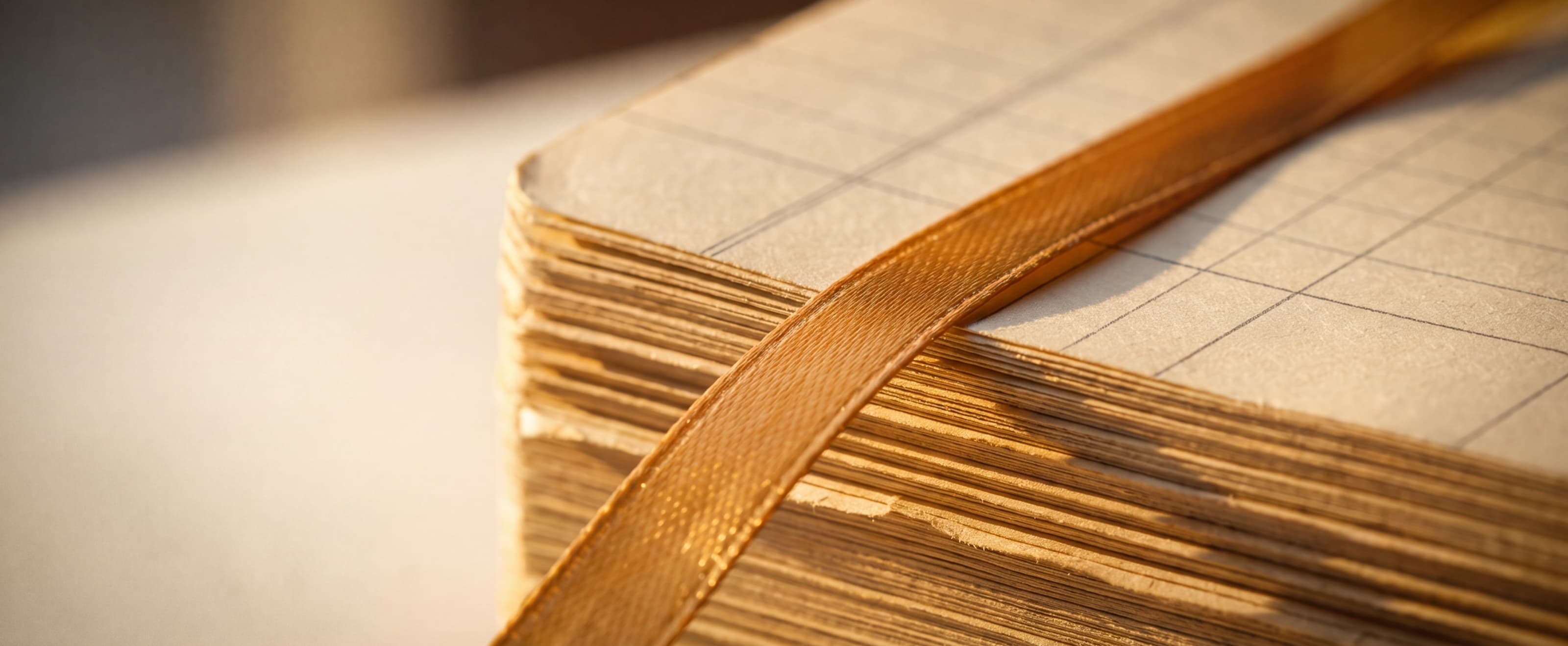 Tumpukan kertas buku besar krem dengan satu goresan amber